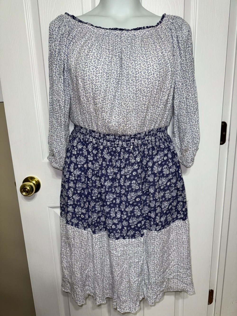 Kings Road Boho Calico Tiered Midi Dress Ditsy Floral Smocked Waist Sz L Prairie